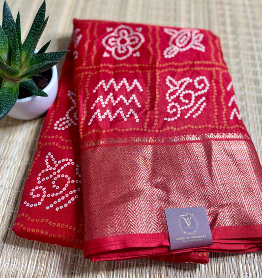 Red Dola Bandhani Silk Saree with Zari Border