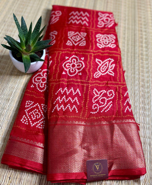 Red Dola Bandhani Silk Saree with Zari Border