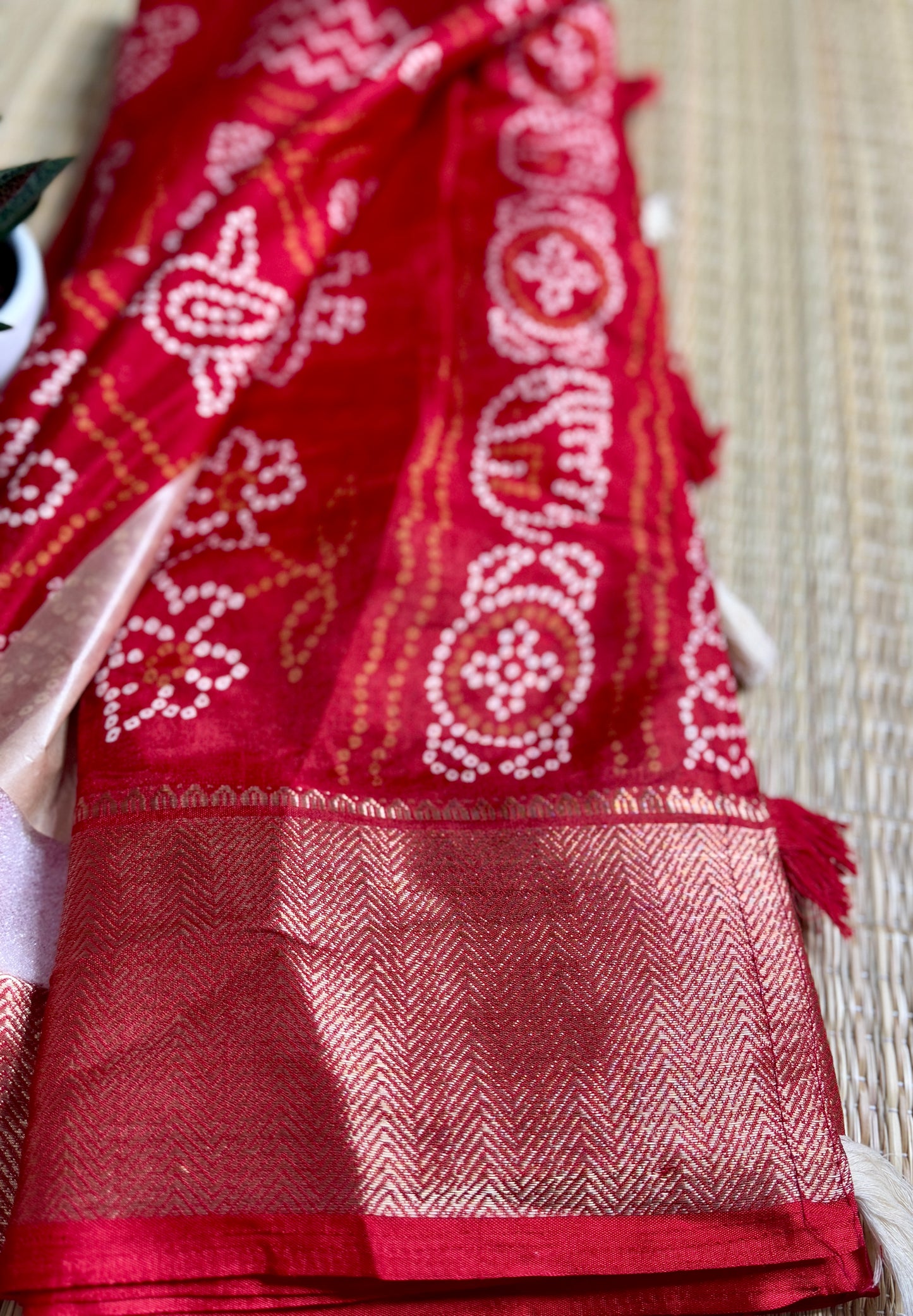 Red Dola Bandhani Silk Saree with Zari Border