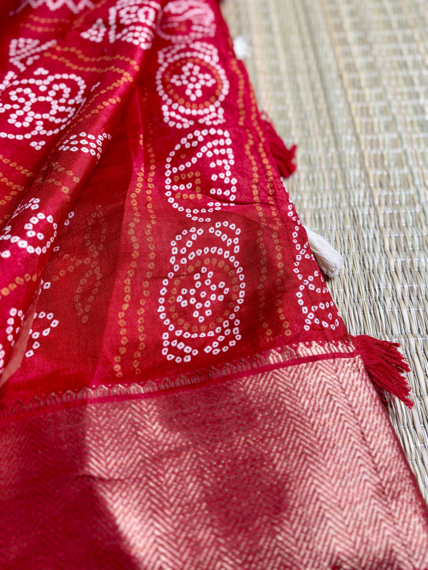 Red Dola Bandhani Silk Saree with Zari Border