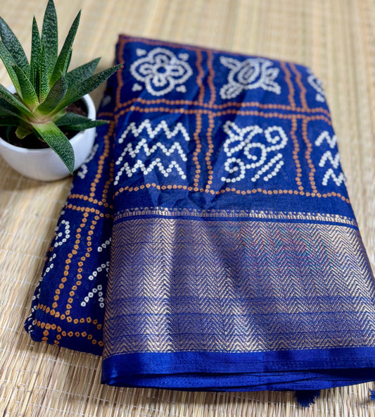 Navy Blue Dola Bandhani Silk Saree with Zari Border
