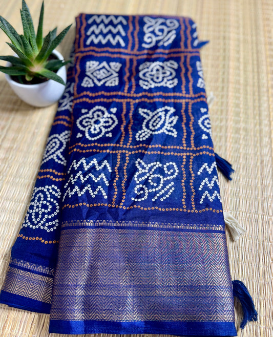 Navy Blue Dola Bandhani Silk Saree with Zari Border