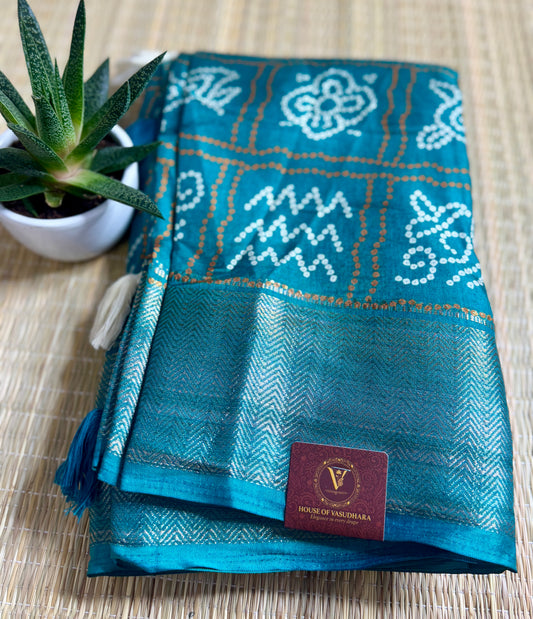 Sea green Dola Bandhani Silk Saree with Zari Border