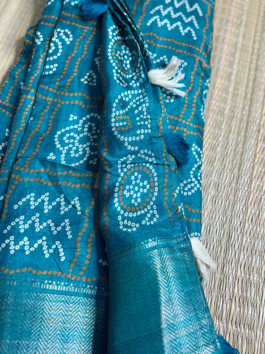 Sea green Dola Bandhani Silk Saree with Zari Border