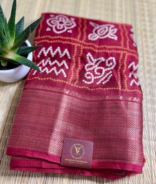 Maroon Dola Bandhani Silk Saree with Zari Border
