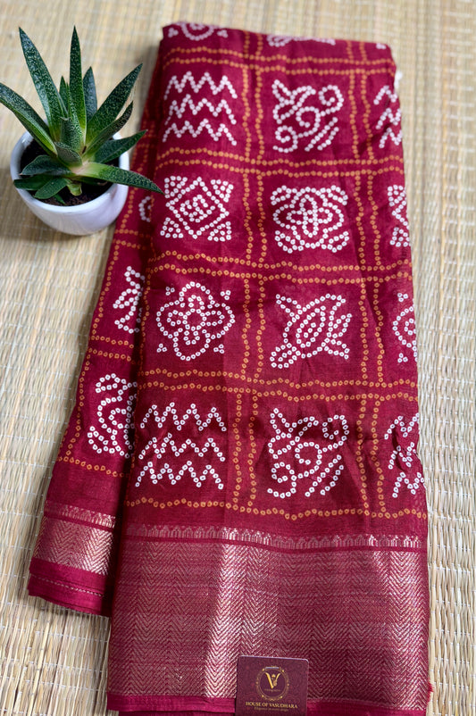 Maroon Dola Bandhani Silk Saree with Zari Border