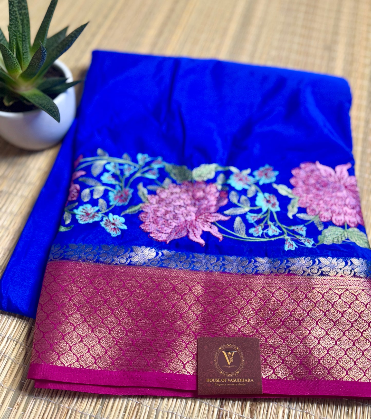 Royal Blue & Magenta Mysore Silk Crepe Saree with Intricate Thread Embroidery