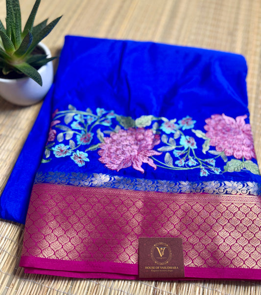 Royal Blue & Magenta Mysore Silk Crepe Saree with Intricate Thread Embroidery
