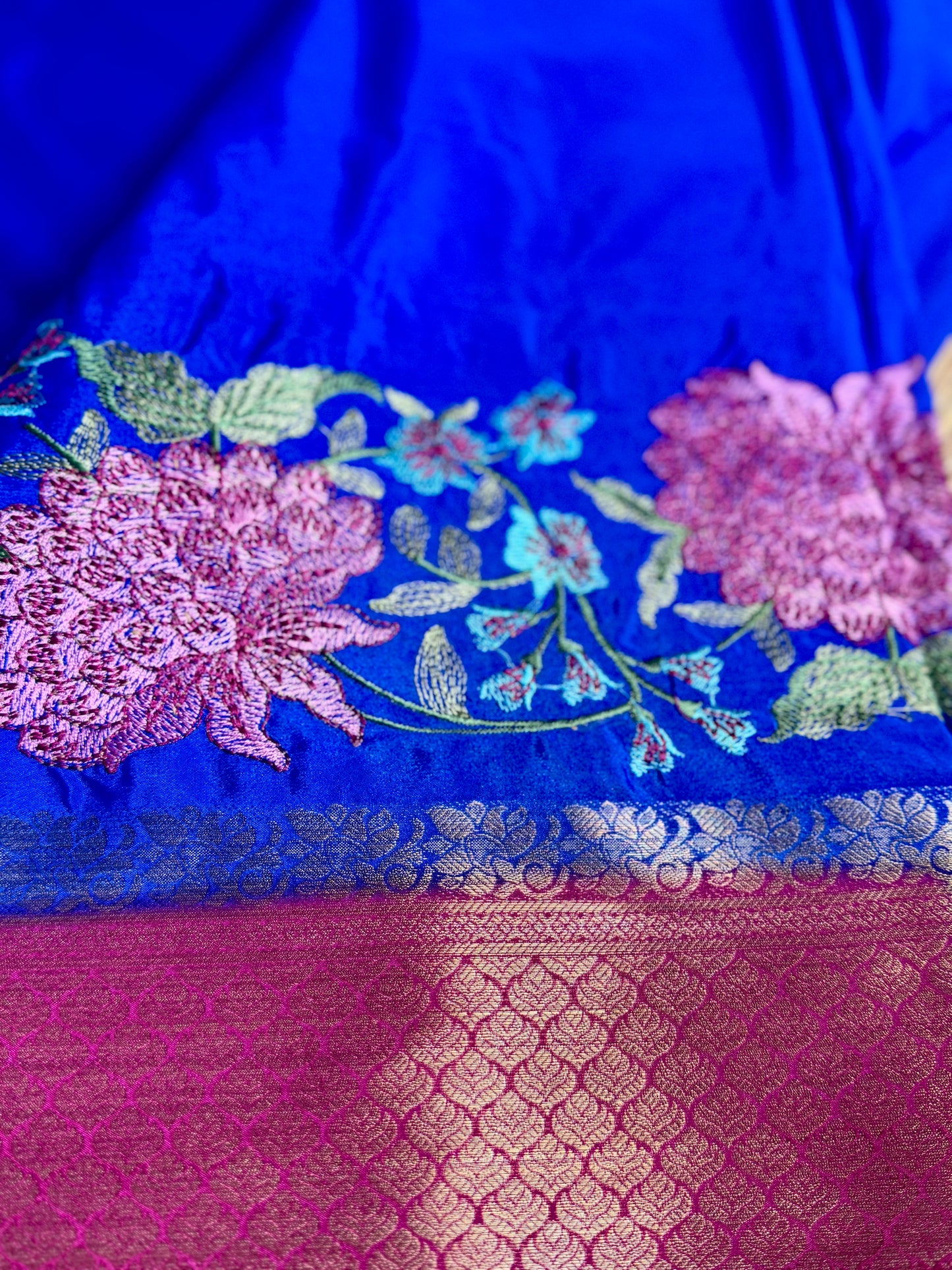Royal Blue & Magenta Mysore Silk Crepe Saree with Intricate Thread Embroidery