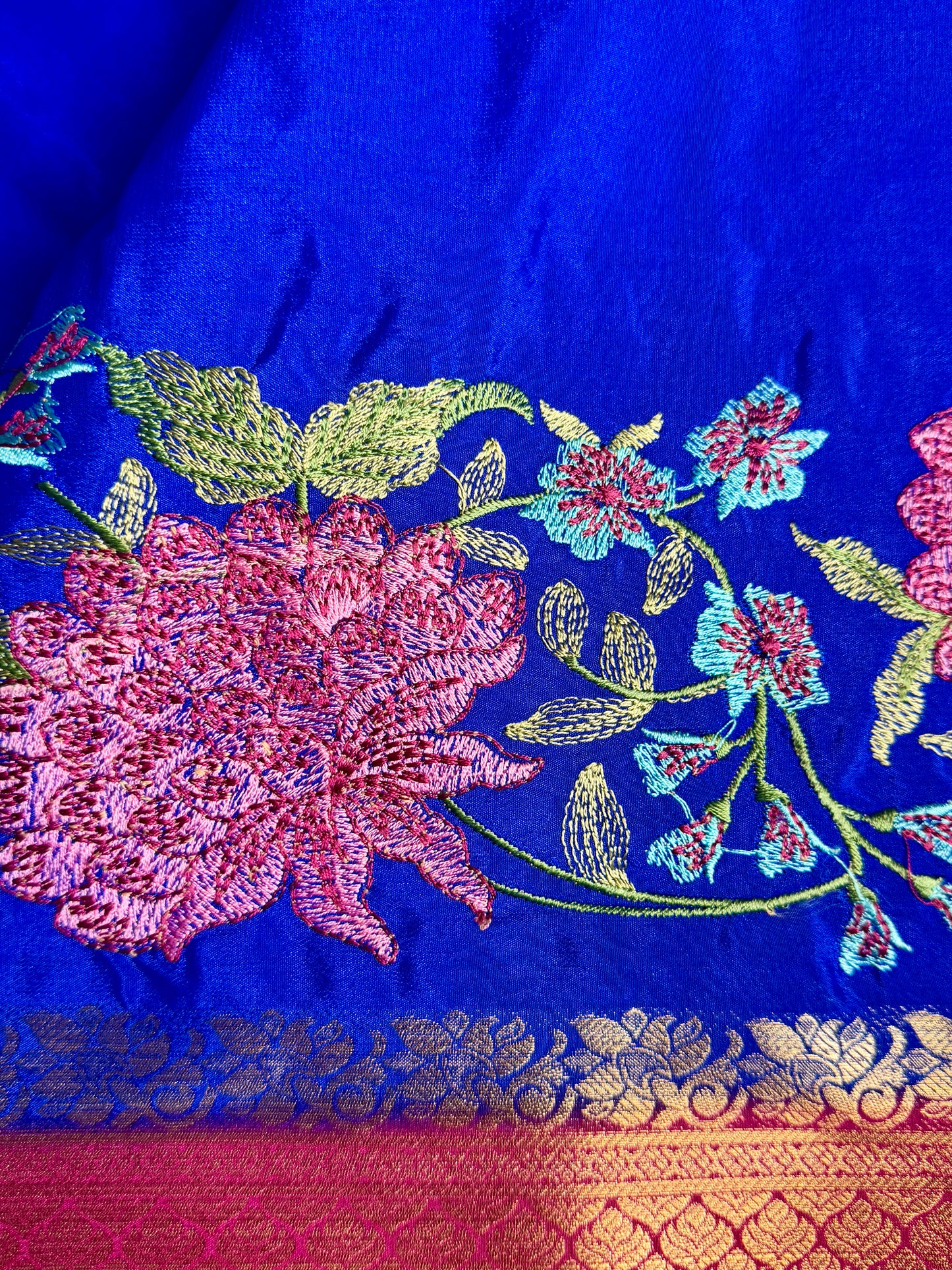 Royal Blue & Magenta Mysore Silk Crepe Saree with Intricate Thread Embroidery