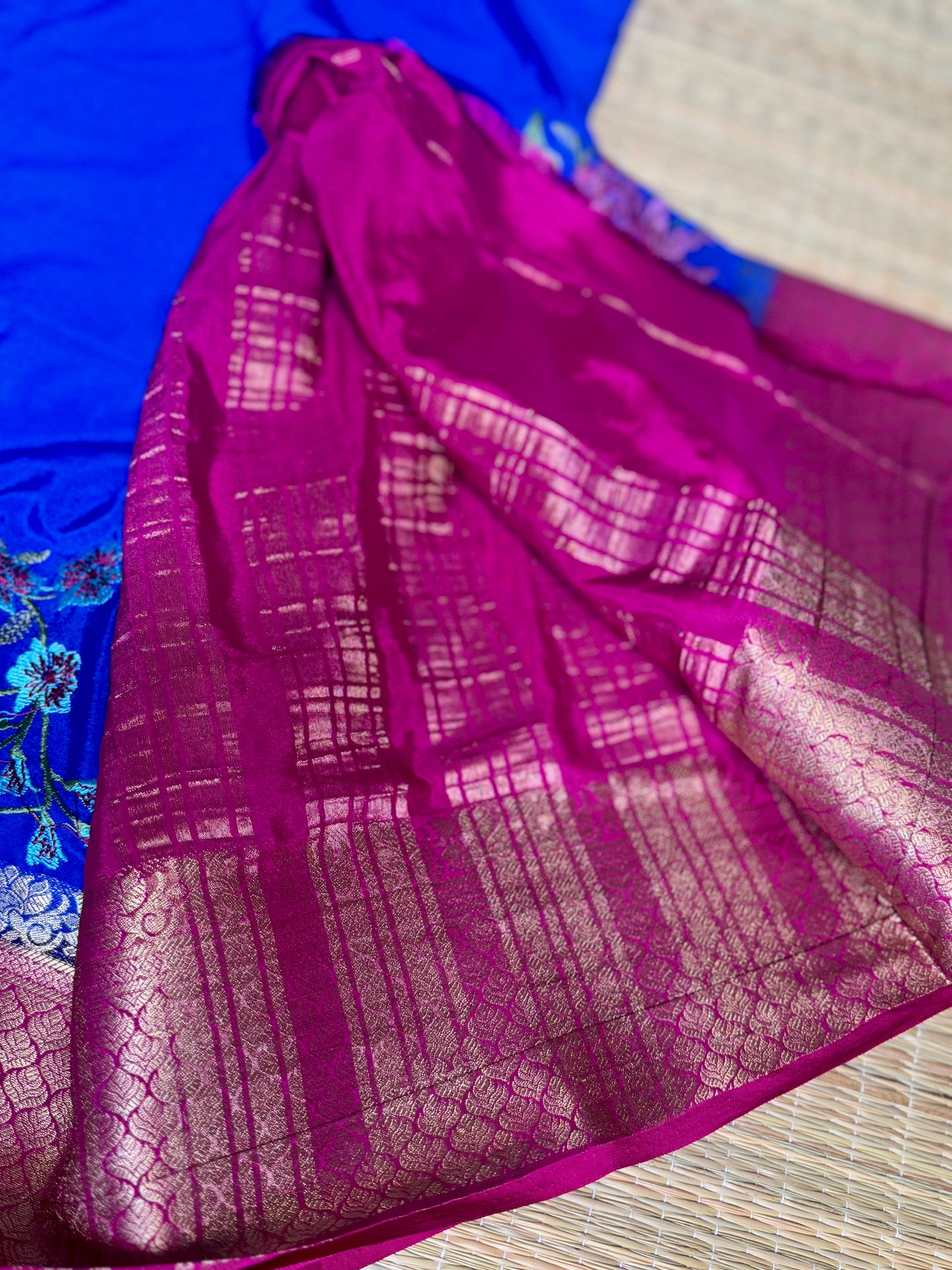 Royal Blue & Magenta Mysore Silk Crepe Saree with Intricate Thread Embroidery