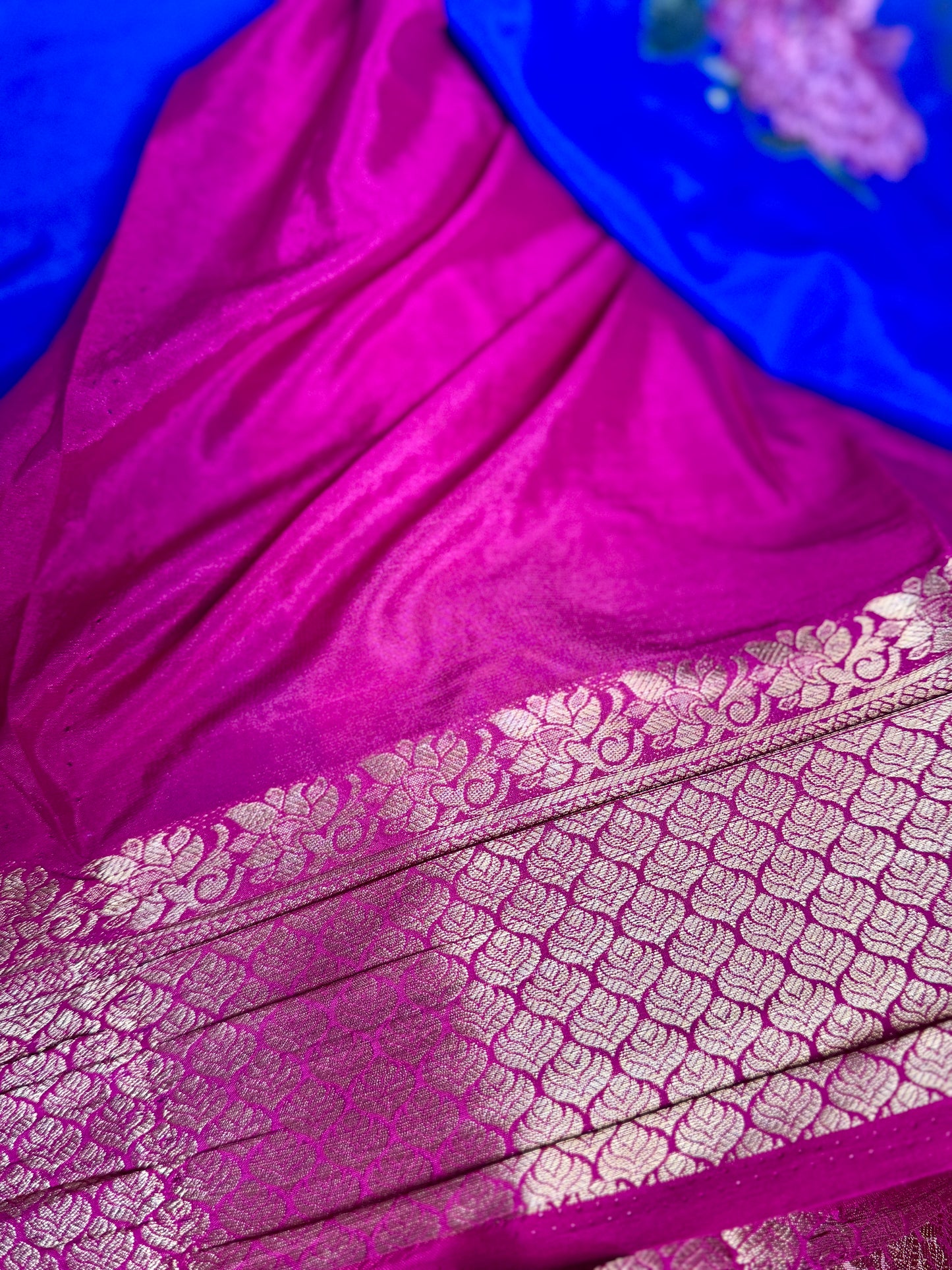 Royal Blue & Magenta Mysore Silk Crepe Saree with Intricate Thread Embroidery