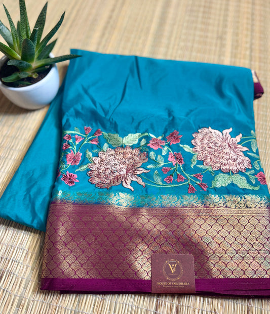 Teal Blue & Magenta Mysore Silk Crepe Saree with Intricate Thread Embroidery