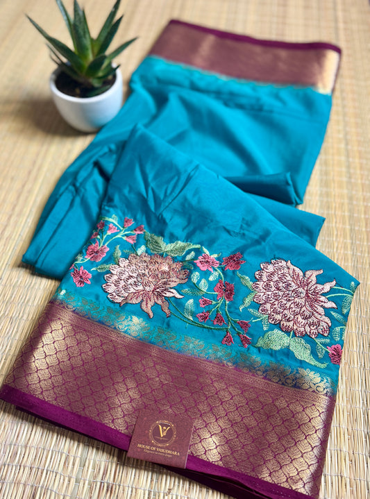 Teal Blue & Magenta Mysore Silk Crepe Saree with Intricate Thread Embroidery