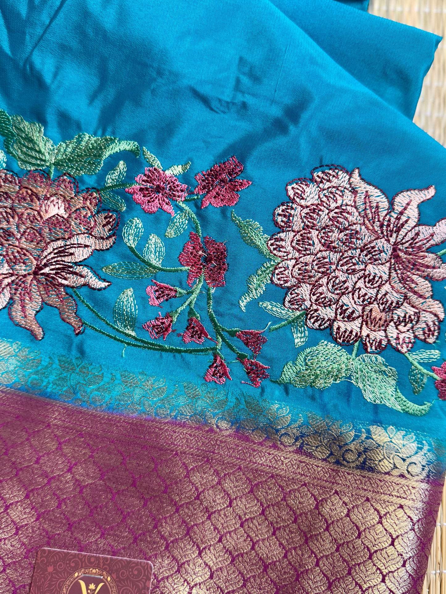 Teal Blue & Magenta Mysore Silk Crepe Saree with Intricate Thread Embroidery