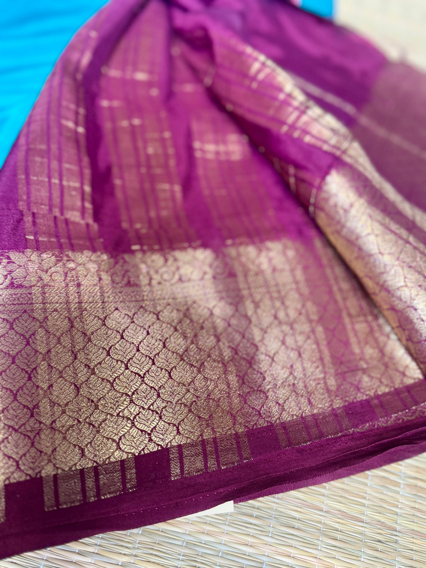 Teal Blue & Magenta Mysore Silk Crepe Saree with Intricate Thread Embroidery
