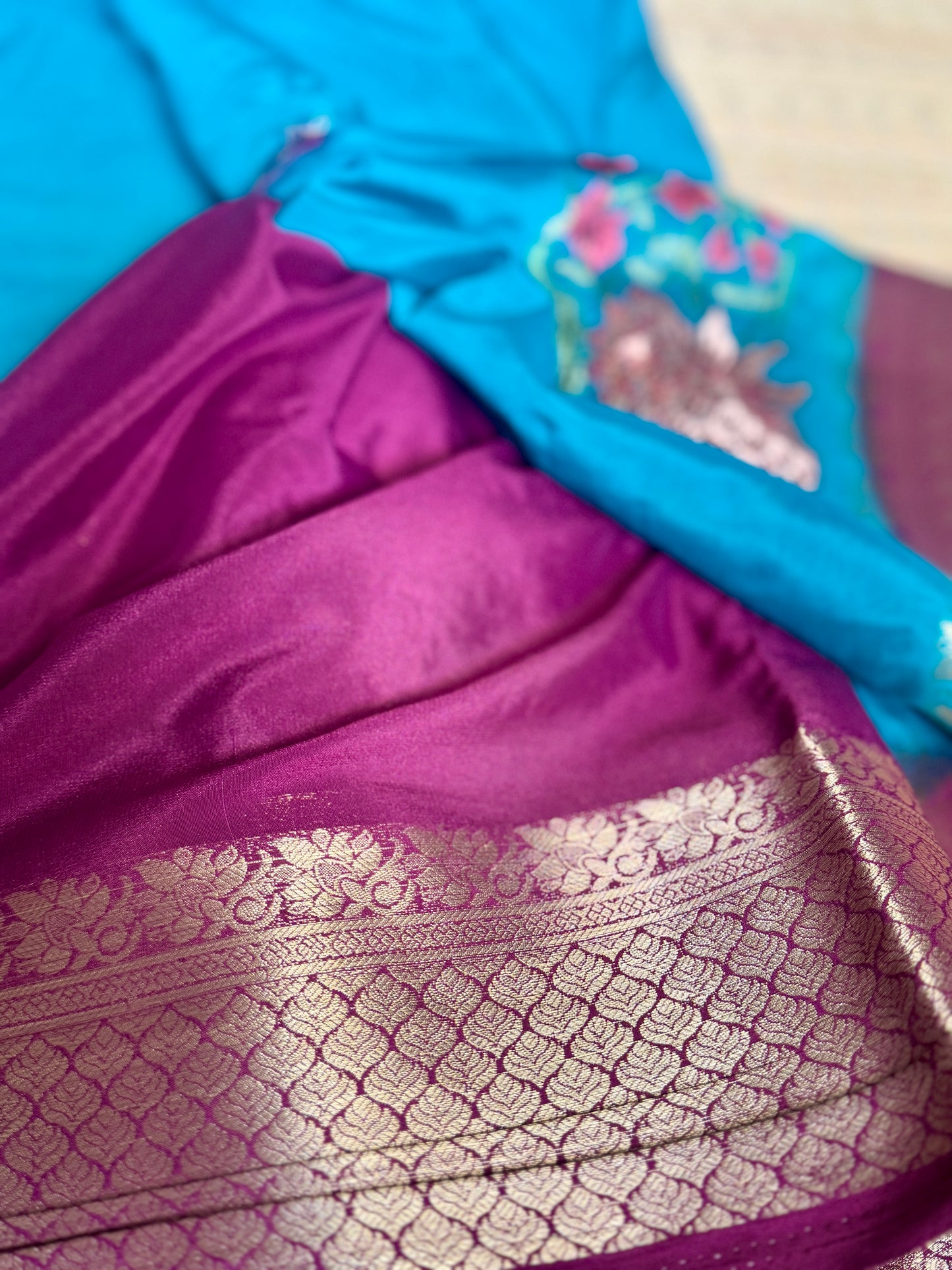 Teal Blue & Magenta Mysore Silk Crepe Saree with Intricate Thread Embroidery