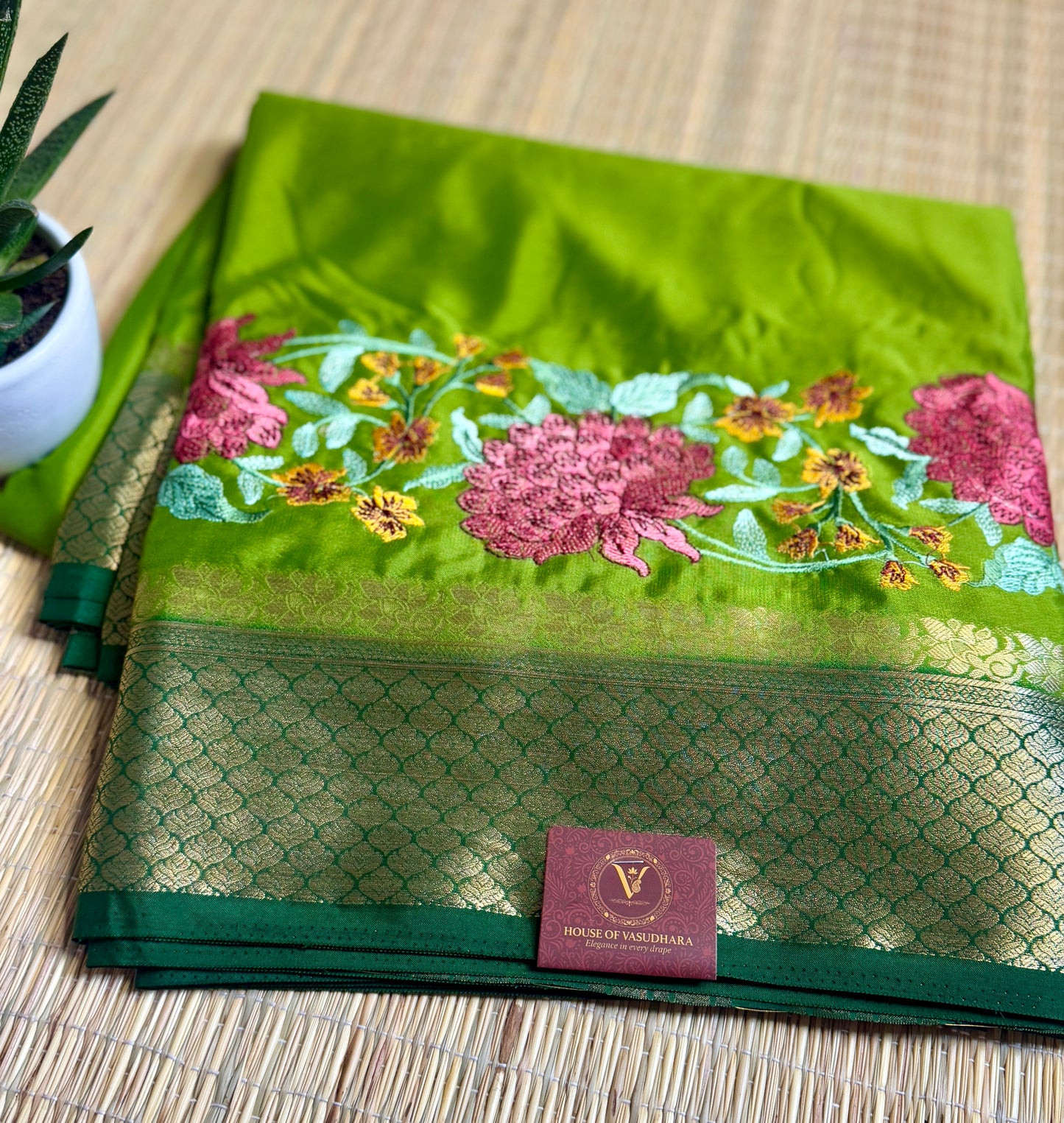 Green Mysore Silk Crepe Saree with Intricate Thread Embroidery