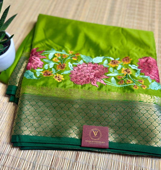Green Mysore Silk Crepe Saree with Intricate Thread Embroidery