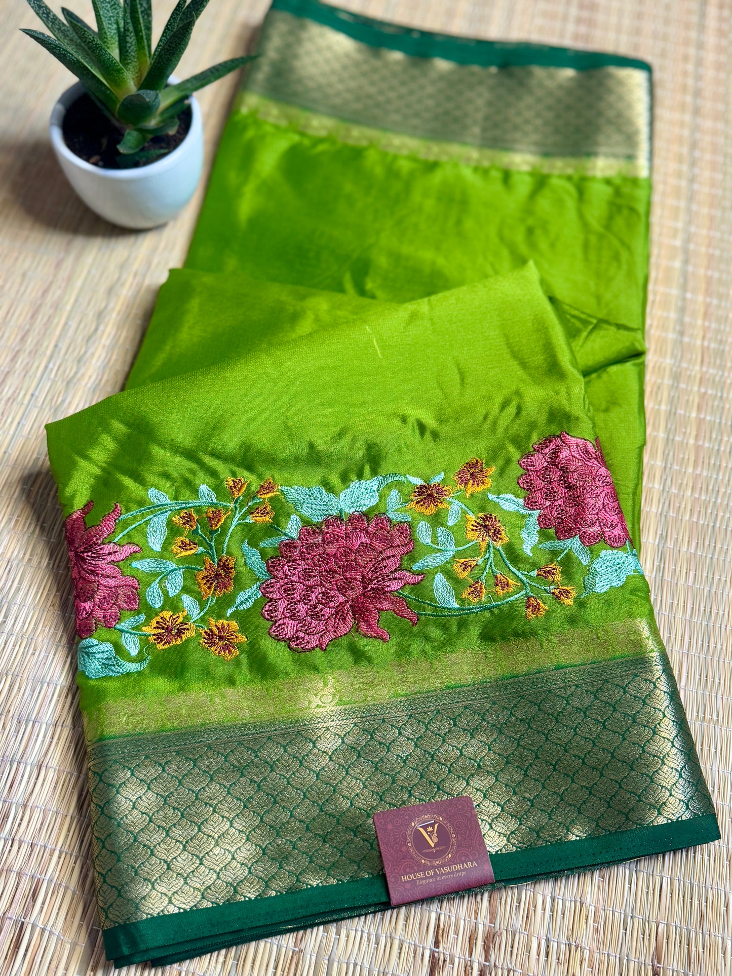 Green Mysore Silk Crepe Saree with Intricate Thread Embroidery