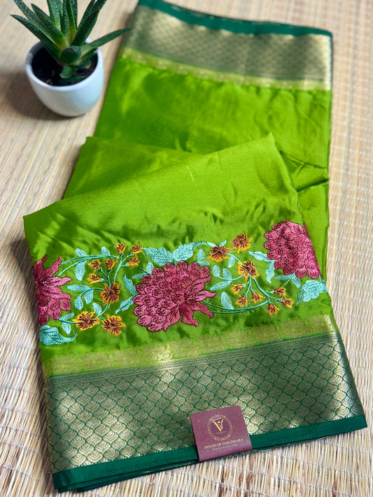 Green Mysore Silk Crepe Saree with Intricate Thread Embroidery