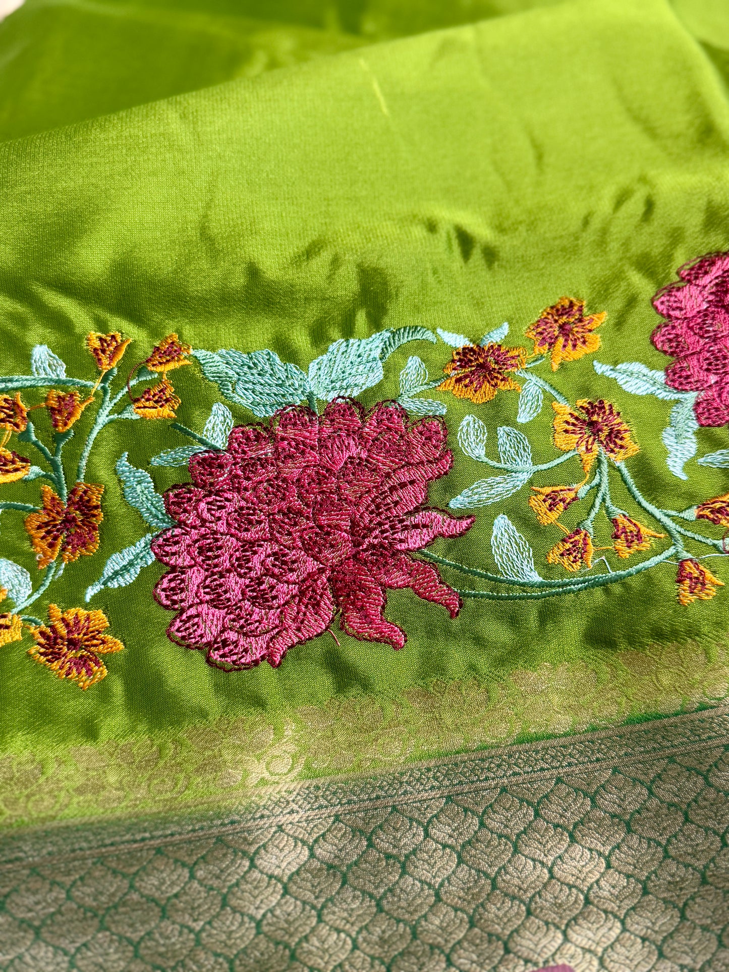 Green Mysore Silk Crepe Saree with Intricate Thread Embroidery
