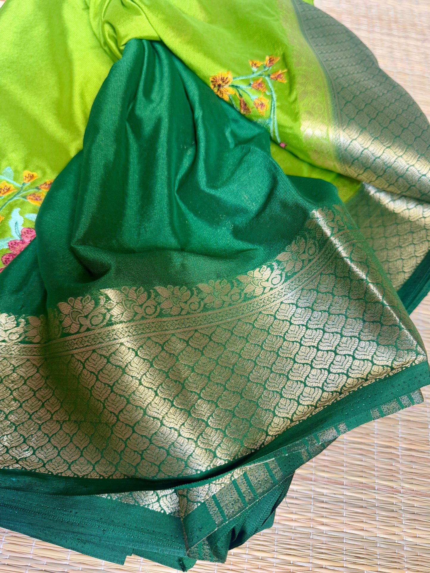 Green Mysore Silk Crepe Saree with Intricate Thread Embroidery