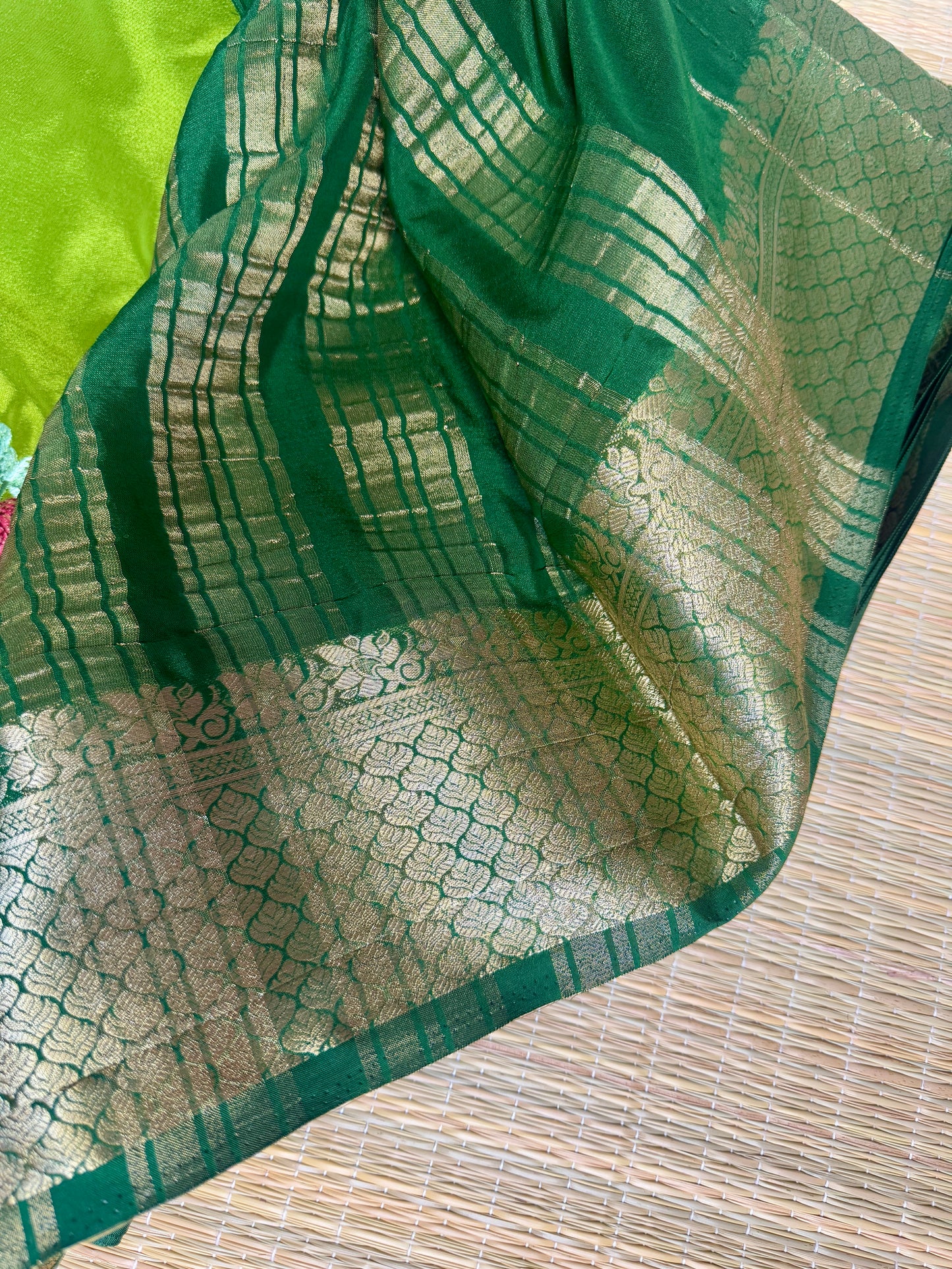 Green Mysore Silk Crepe Saree with Intricate Thread Embroidery