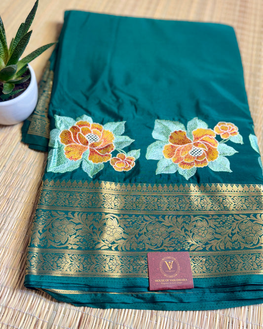 Bottle Green Mysore Silk Crepe Saree with Intricate Thread Embroidery