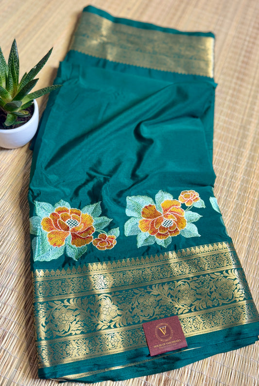Bottle Green Mysore Silk Crepe Saree with Intricate Thread Embroidery