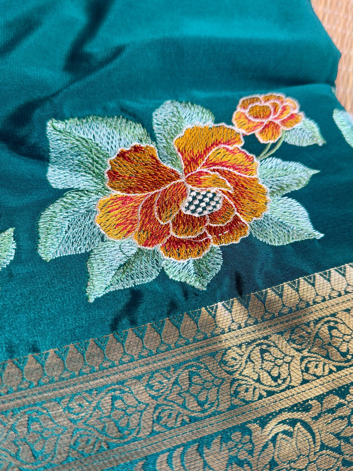 Bottle Green Mysore Silk Crepe Saree with Intricate Thread Embroidery