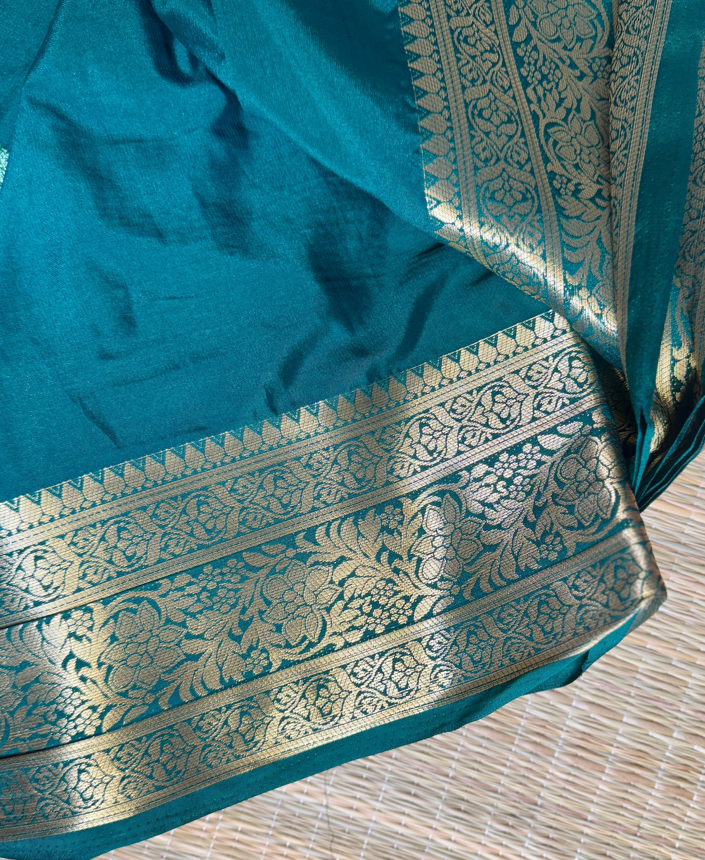 Bottle Green Mysore Silk Crepe Saree with Intricate Thread Embroidery