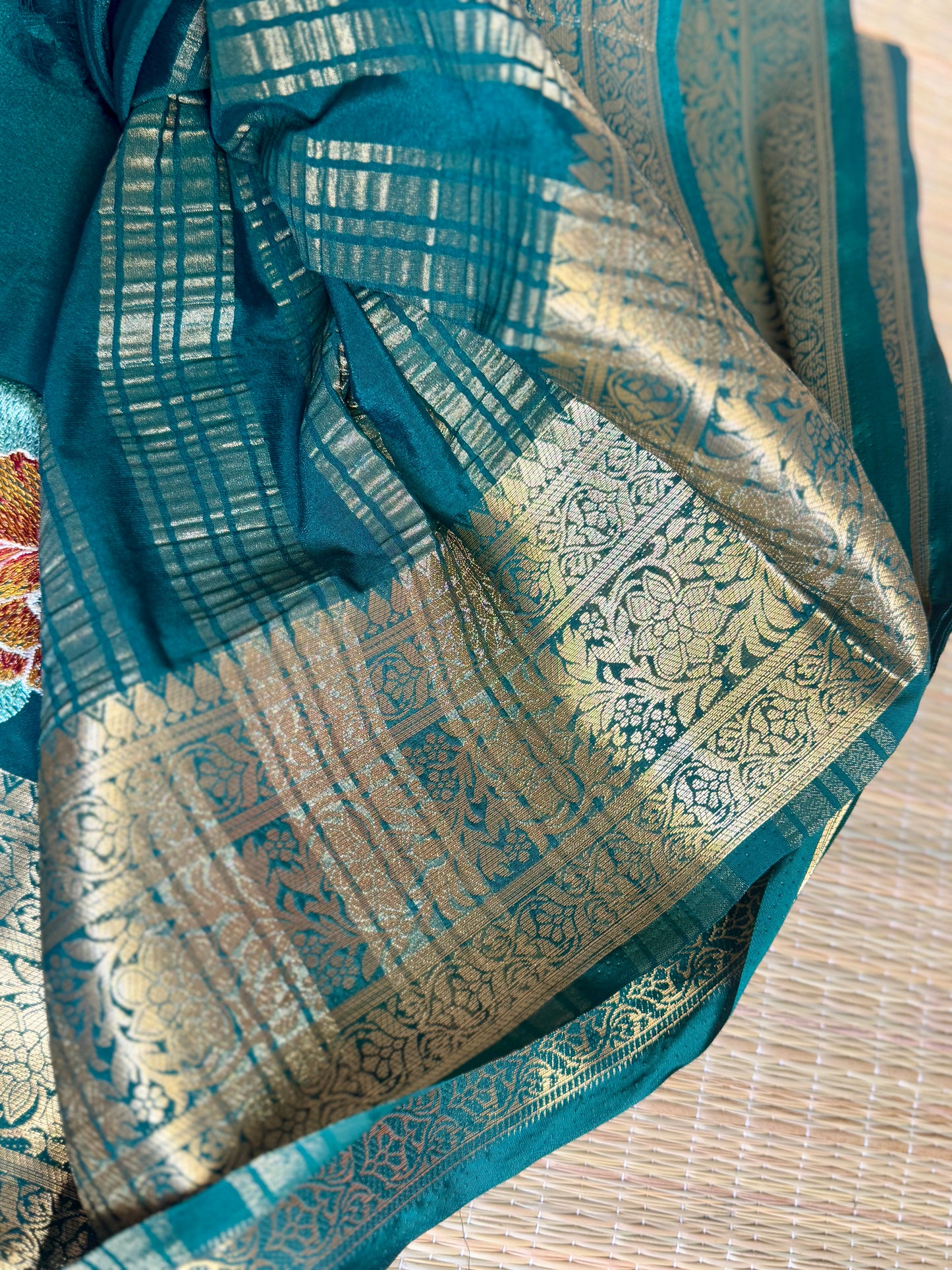 Bottle Green Mysore Silk Crepe Saree with Intricate Thread Embroidery