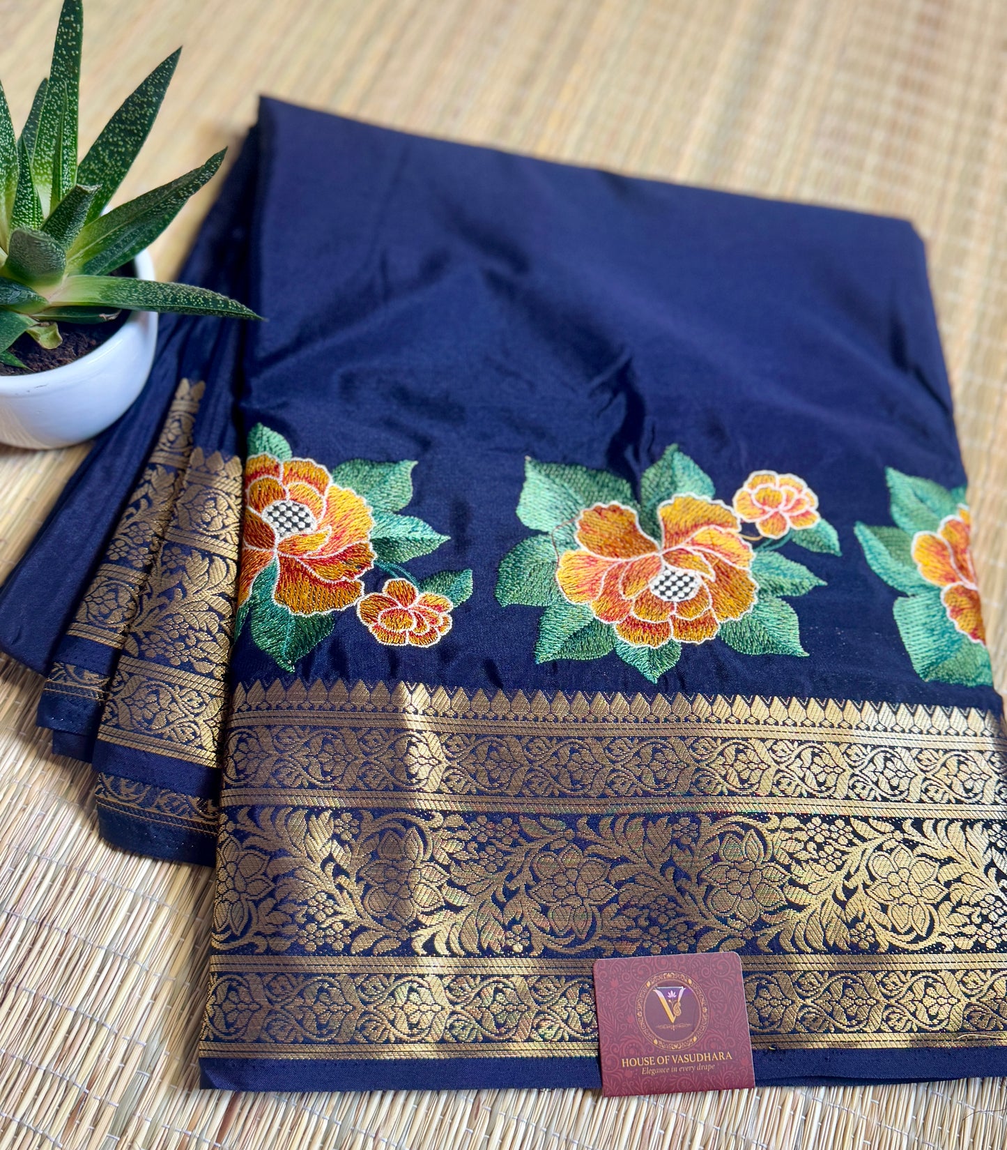 Navy Blue Mysore Silk Crepe Saree with Intricate Thread Embroidery