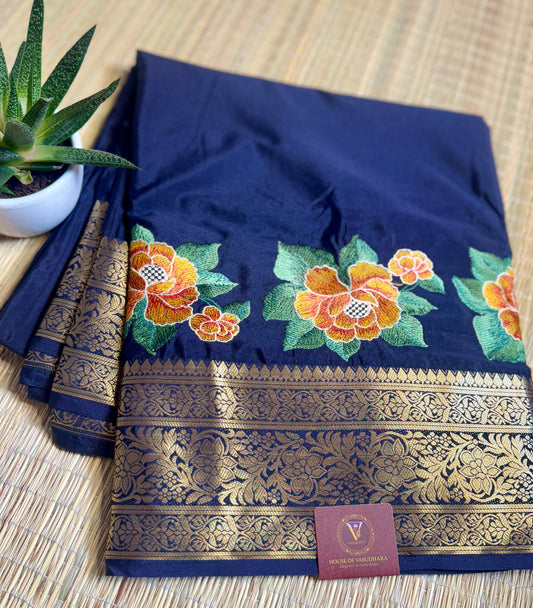 Navy Blue Mysore Silk Crepe Saree with Intricate Thread Embroidery