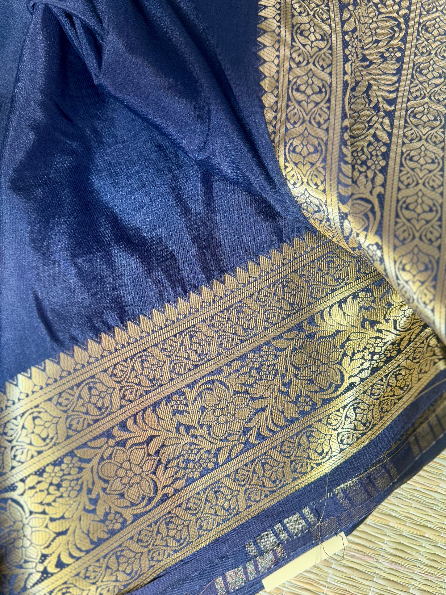 Navy Blue Mysore Silk Crepe Saree with Intricate Thread Embroidery