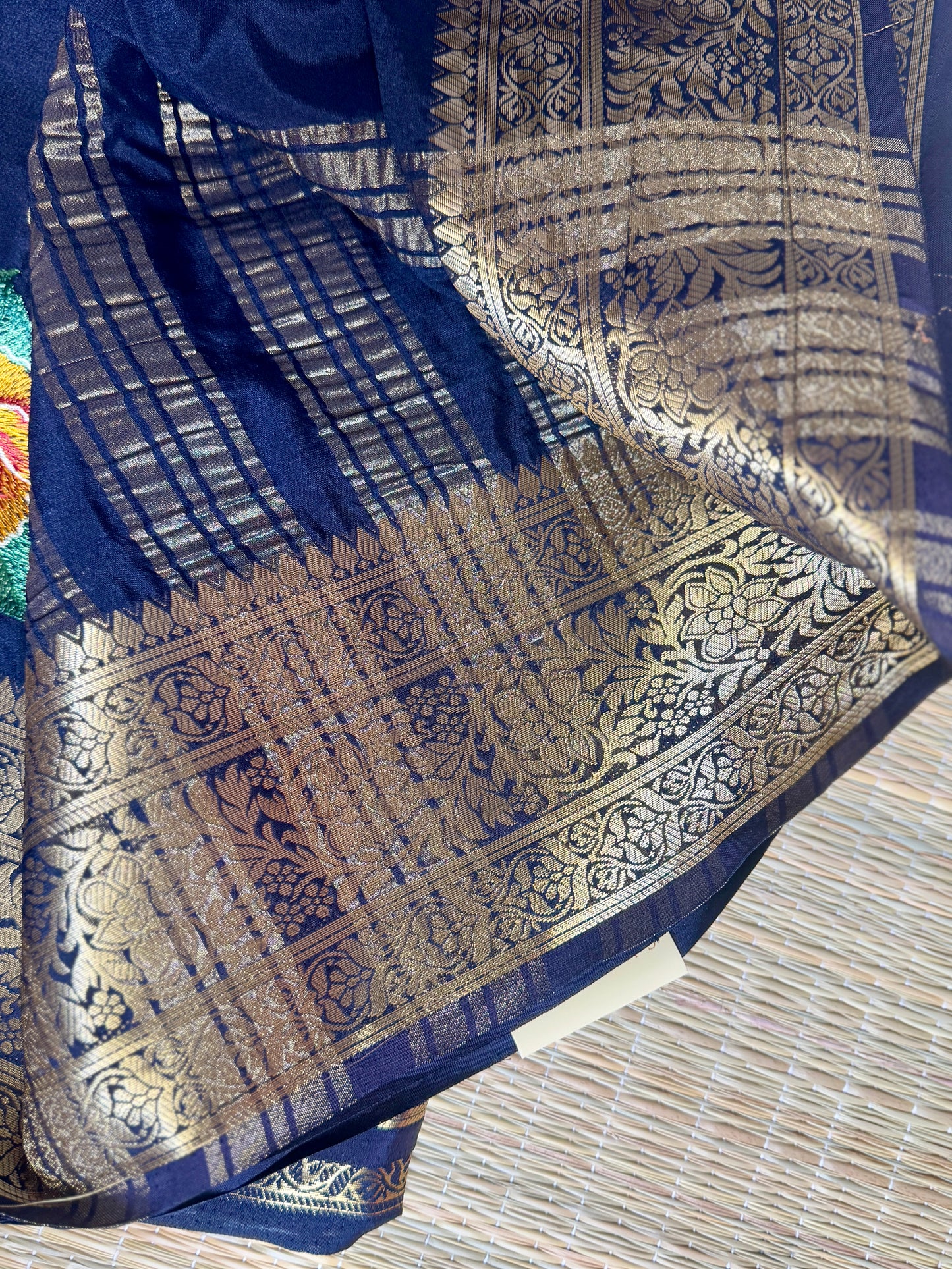 Navy Blue Mysore Silk Crepe Saree with Intricate Thread Embroidery