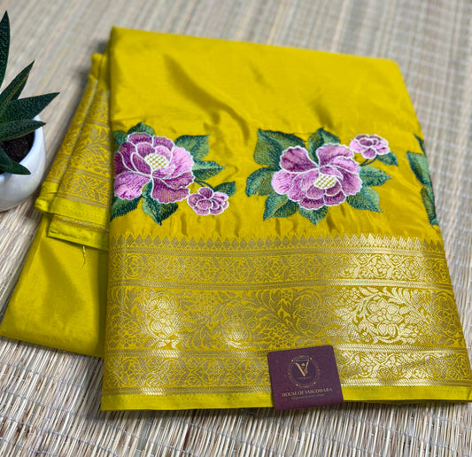 Mustard Yellow Mysore Silk Crepe Saree with Intricate Thread Embroidery
