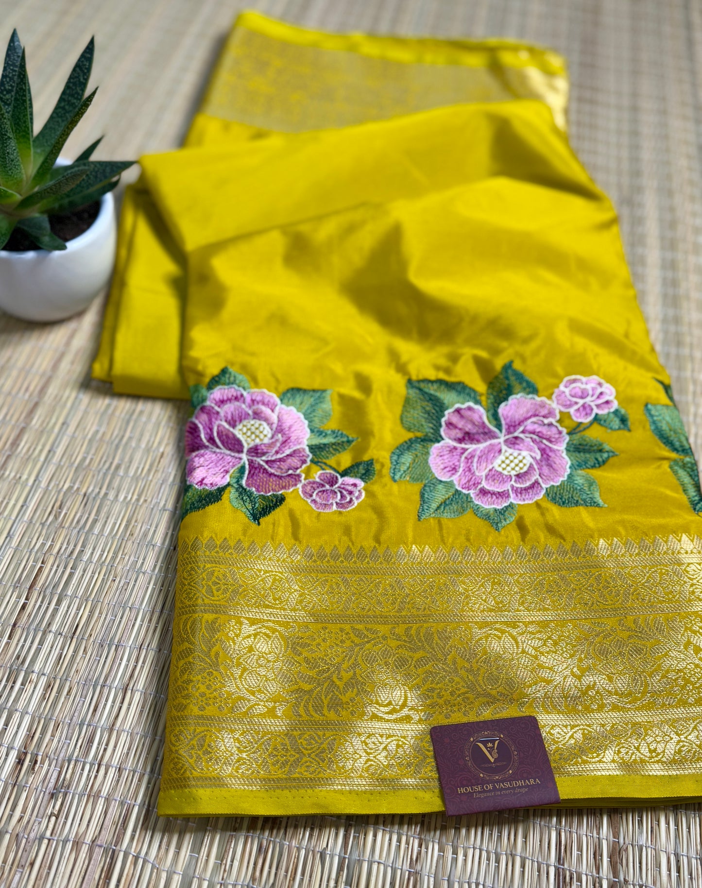 Mustard Yellow Mysore Silk Crepe Saree with Intricate Thread Embroidery