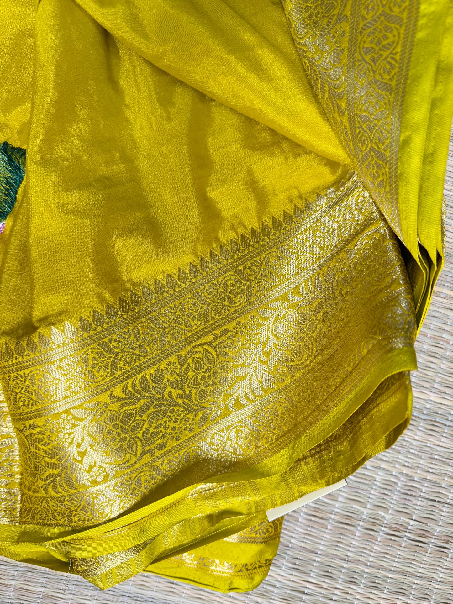 Mustard Yellow Mysore Silk Crepe Saree with Intricate Thread Embroidery