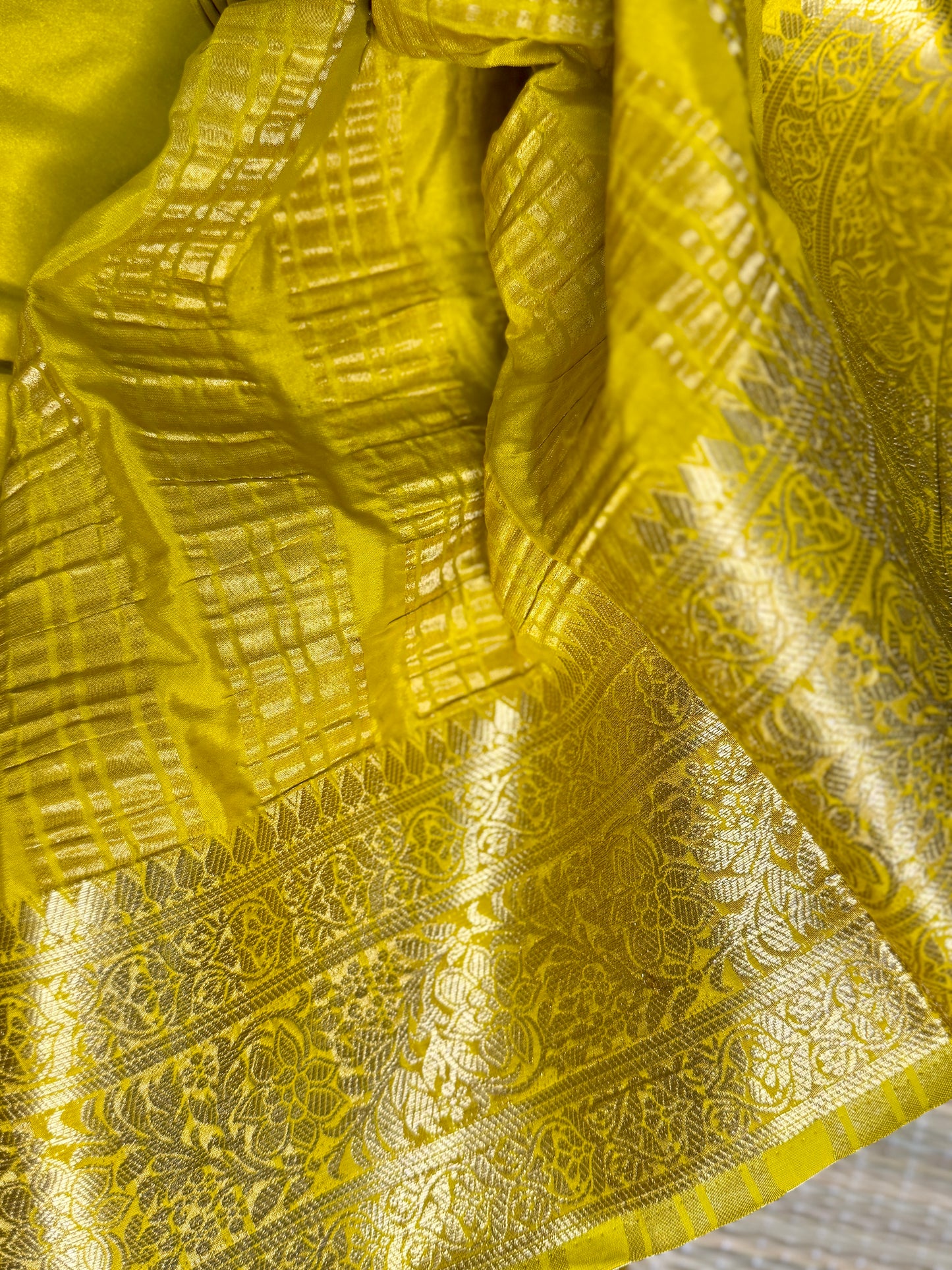 Mustard Yellow Mysore Silk Crepe Saree with Intricate Thread Embroidery