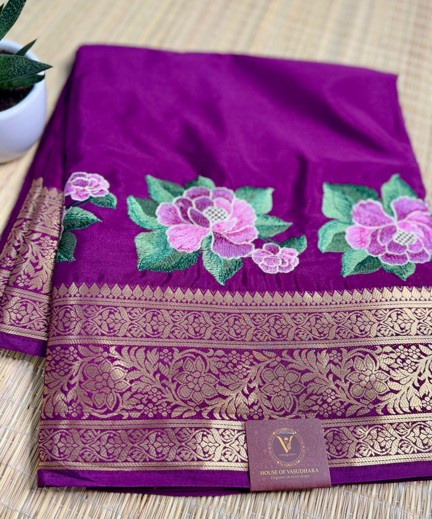 Magenta Mysore Silk Crepe Saree with Intricate Thread Embroidery