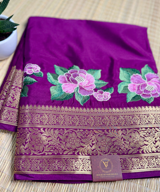 Magenta Mysore Silk Crepe Saree with Intricate Thread Embroidery