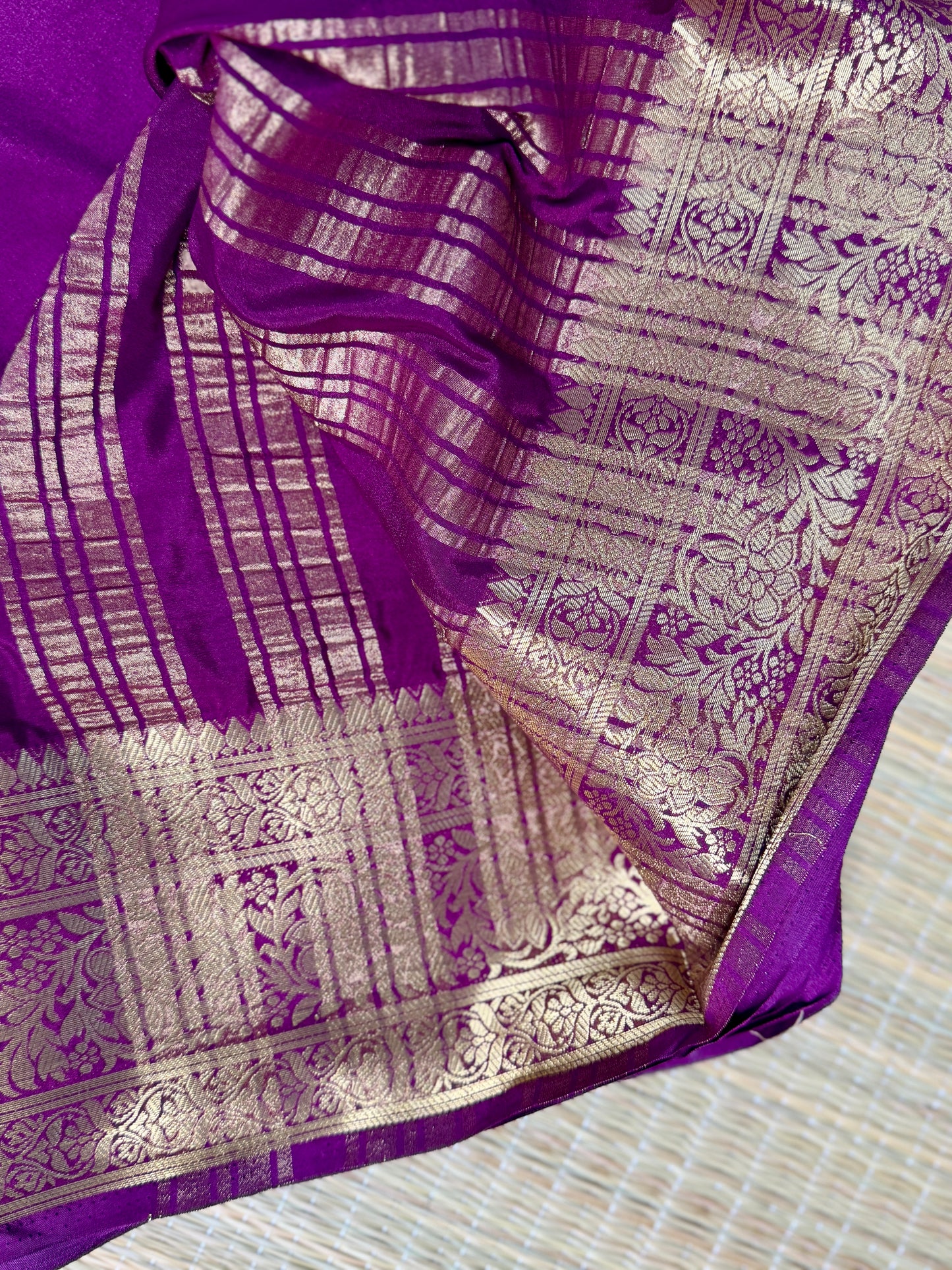 Magenta Mysore Silk Crepe Saree with Intricate Thread Embroidery