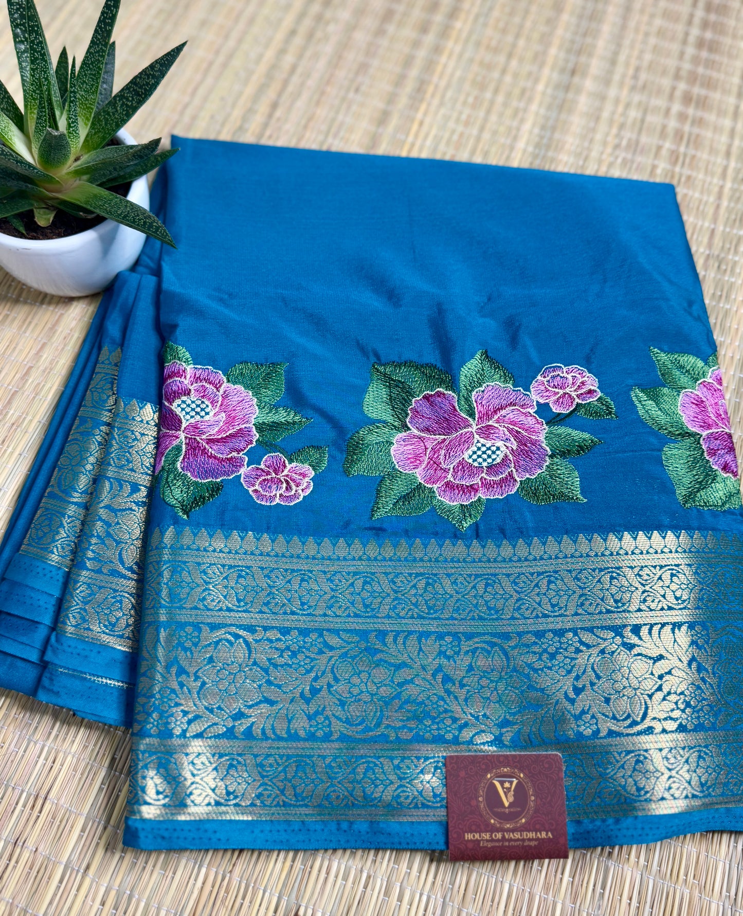 Blue Mysore Silk Crepe Saree with Intricate Thread Embroidery