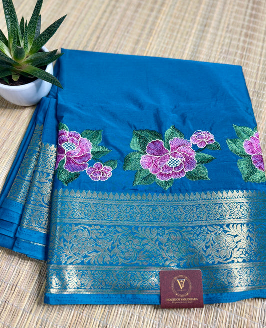 Blue Mysore Silk Crepe Saree with Intricate Thread Embroidery