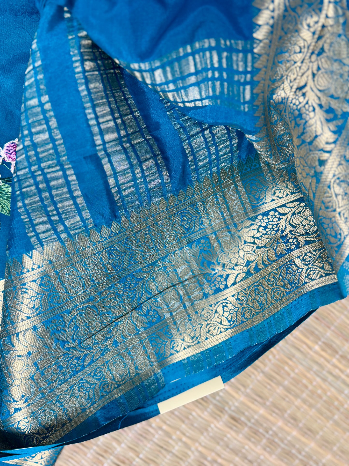 Blue Mysore Silk Crepe Saree with Intricate Thread Embroidery