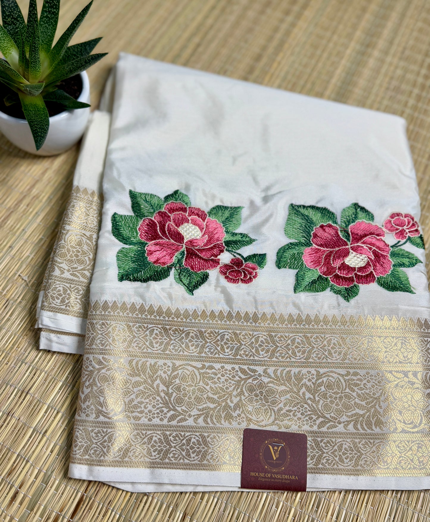 White Mysore Silk Crepe Saree with Intricate Thread Embroidery
