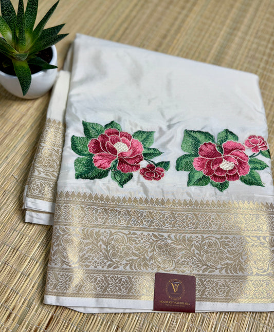 White Mysore Silk Crepe Saree with Intricate Thread Embroidery