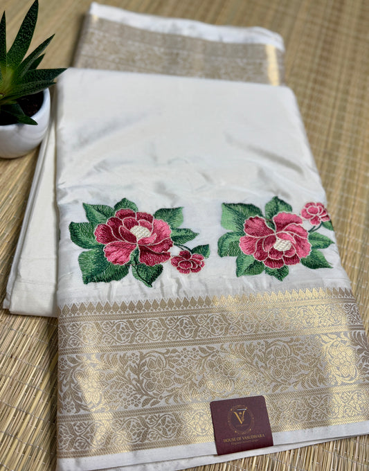 White Mysore Silk Crepe Saree with Intricate Thread Embroidery